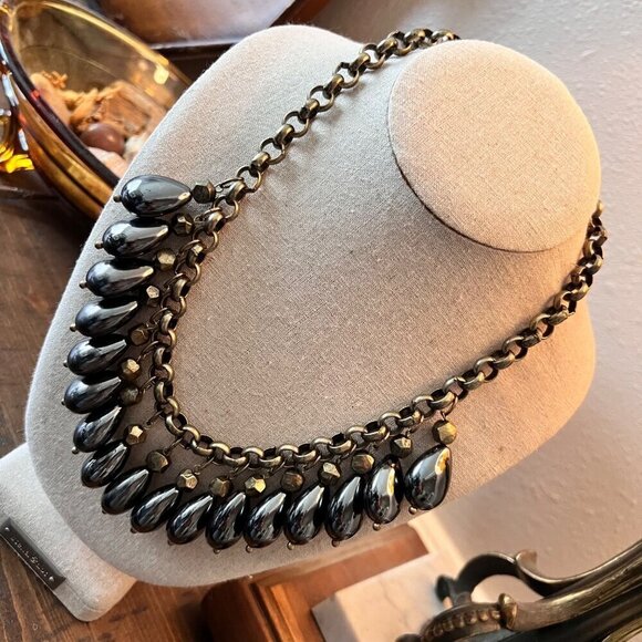 Chico’s Cleopatra Brass and Hematite Drop Statement Necklace - Picture 1 of 10